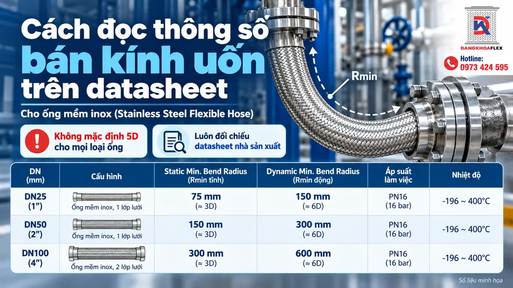 Bảng ví dụ giả định đọc bán kính uốn tĩnh và động trên datasheet ống mềm inox