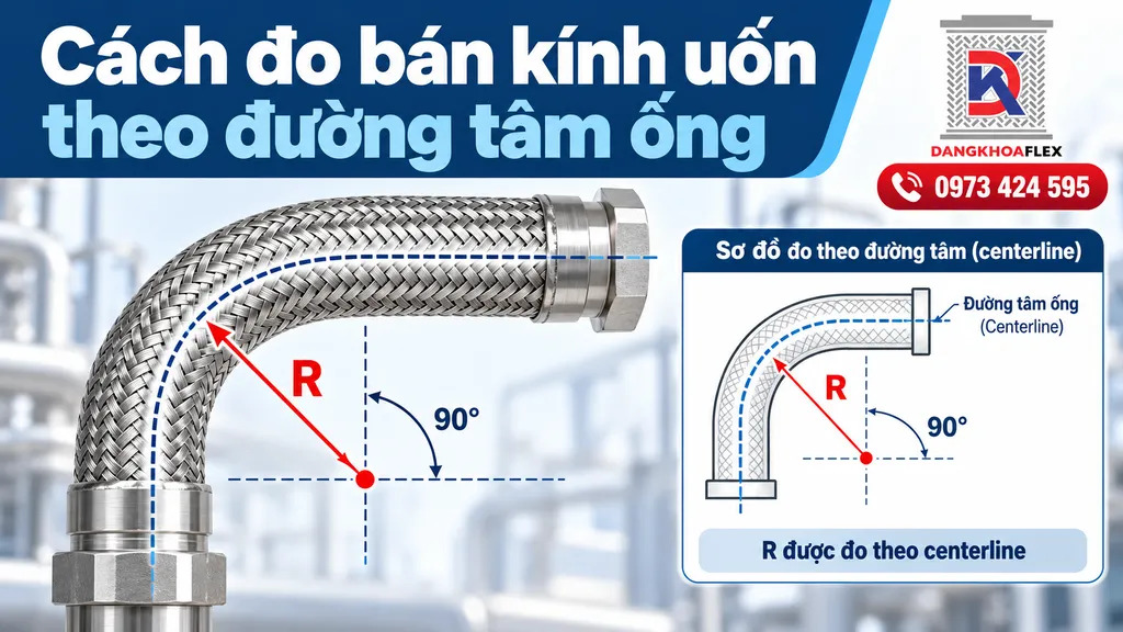 Sơ đồ xác định bán kính uốn R của ống mềm inox theo đường tâm ống