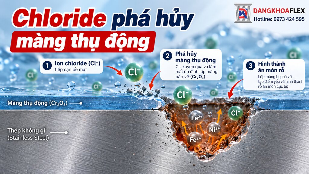 Sơ đồ minh họa ion chloride làm mất ổn định màng thụ động và hình thành ăn mòn rỗ trên inox