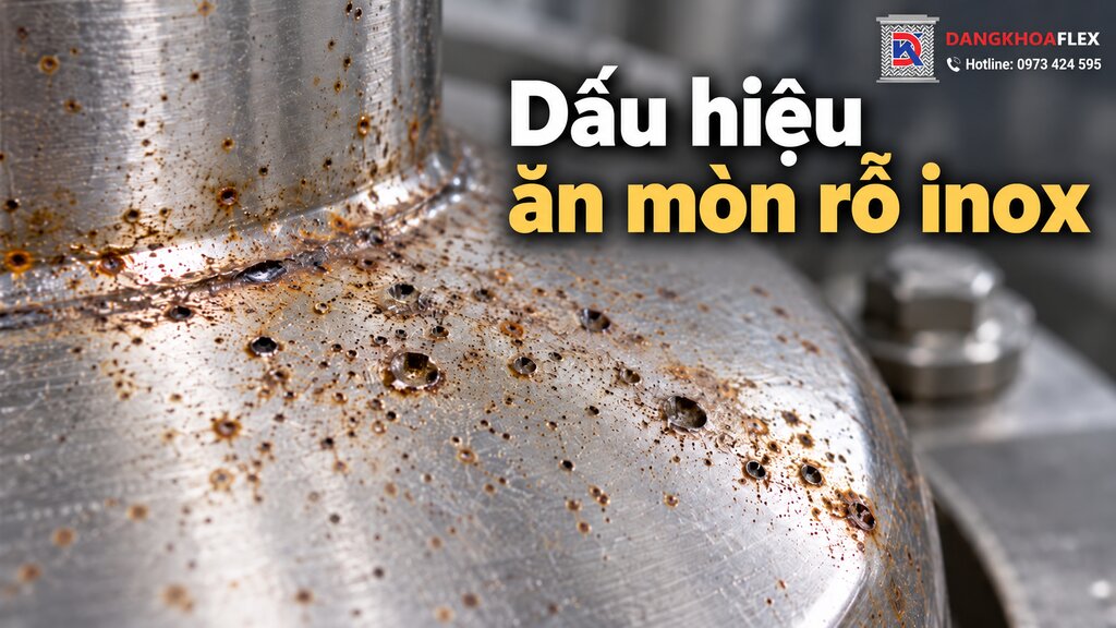 Cận cảnh dấu hiệu ăn mòn rỗ inox với chấm nâu, vết lõm và hố rỗ trên bề mặt kim loại