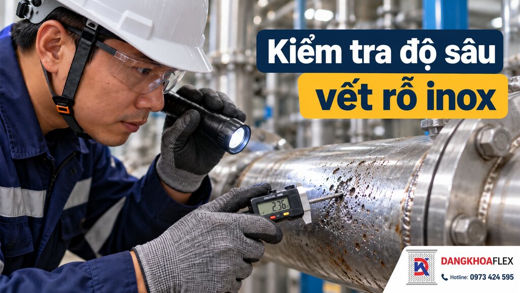 Kỹ thuật viên kiểm tra mức độ ăn mòn rỗ và tình trạng thành ống inox công nghiệp