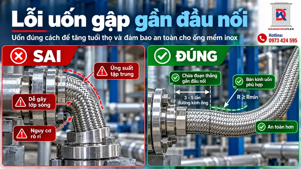 So sánh lỗi uốn gập ống mềm inox sát đầu nối với bố trí đoạn cong đều và đủ chiều dài