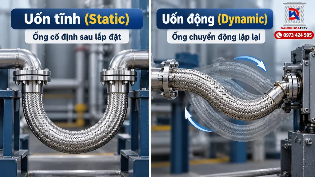Hình so sánh trạng thái uốn tĩnh và uốn động của ống mềm inox dạng sóng