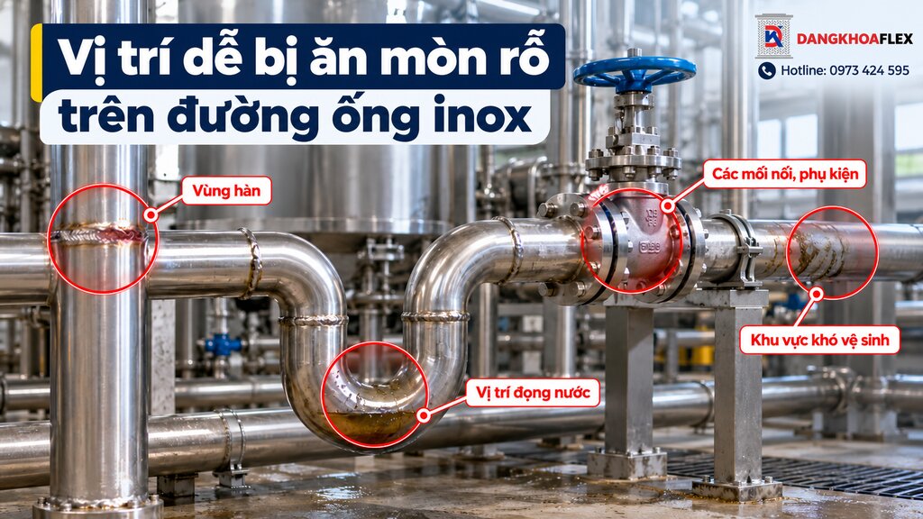 Các vị trí dễ xuất hiện ăn mòn rỗ trên đường ống inox, mối hàn và vùng đọng nước