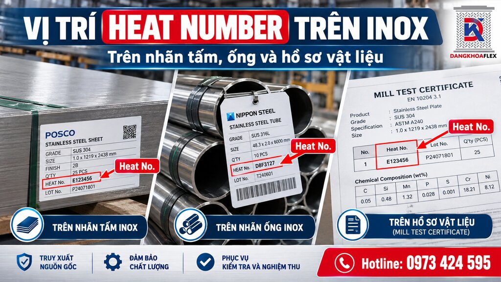 Vị trí Heat Number trên nhãn vật liệu inox tấm và ống inox tại kho nguyên liệu
