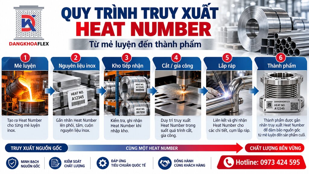 Sơ đồ sáu bước truy xuất nguồn gốc vật liệu inox theo Heat Number từ nhà máy đến thành phẩm