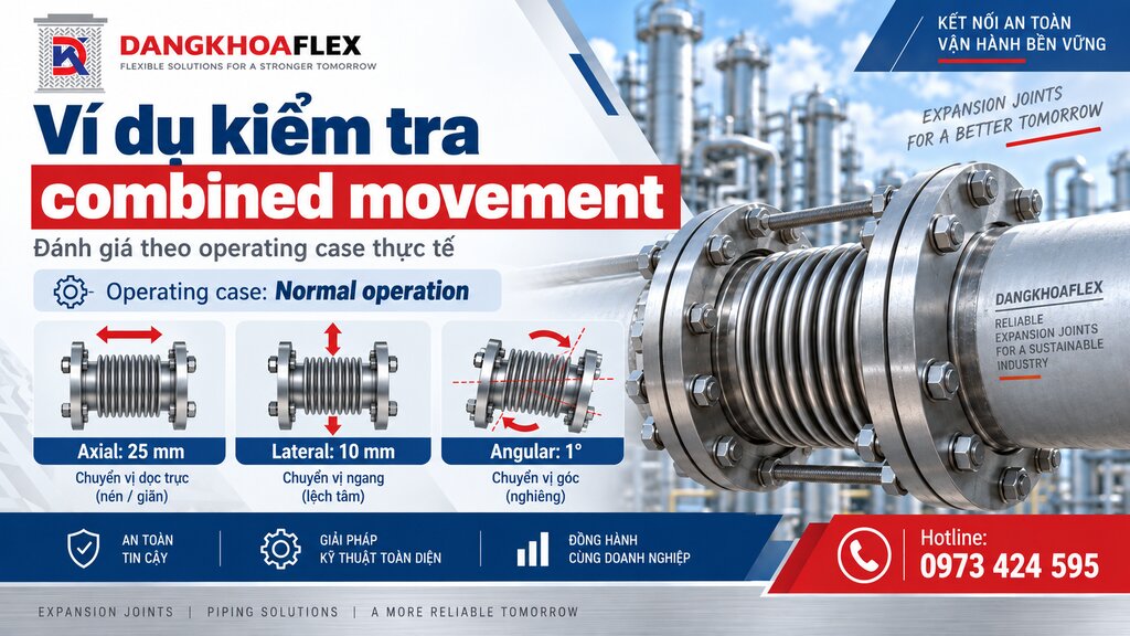 Ví dụ kiểm tra axial 25 mm lateral 10 mm và angular 1 độ theo operating case