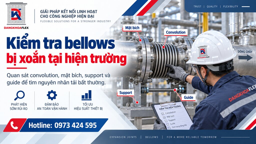 Kiểm tra bellows bị xoắn tại hệ thống đường ống thực tế